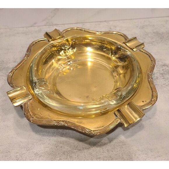 Ashtray Set 8" Octagon Shaped Brass & Glass, 1" Height 2-pc. Cigar Cigarette EUC - Picture 1 of 9